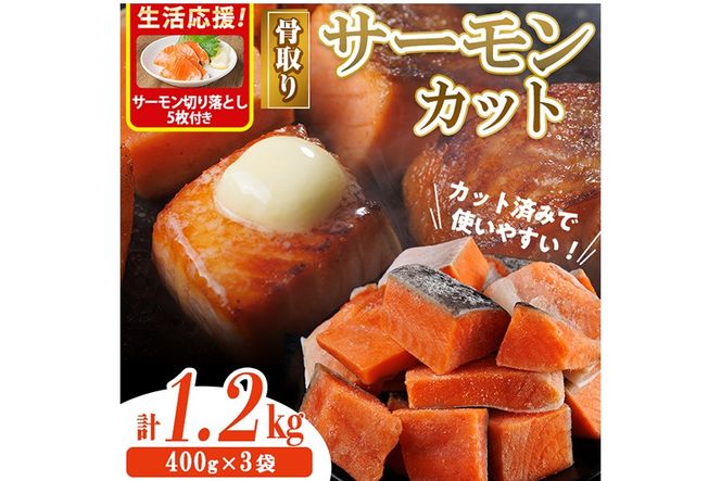 生活応援 サーモン切り落とし5枚付き！骨取り サーモン カット(計1.2kg・400g×3袋) 皮付き 鮭 ダイスカット 小分け 骨とり 骨なし 骨取り済 カット済 簡単 魚 冷凍 お弁当 おかず 【AW-75】【丸正水産】