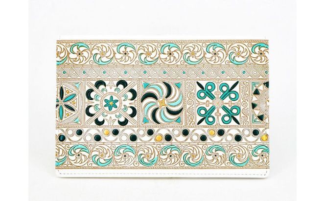 【文庫屋大関】パーソナルホルダー　錦紗＜緑＞【皮革工芸品】 民芸品 雑貨 日用品 牛革 イスラム文様 ギリシャ文様 
