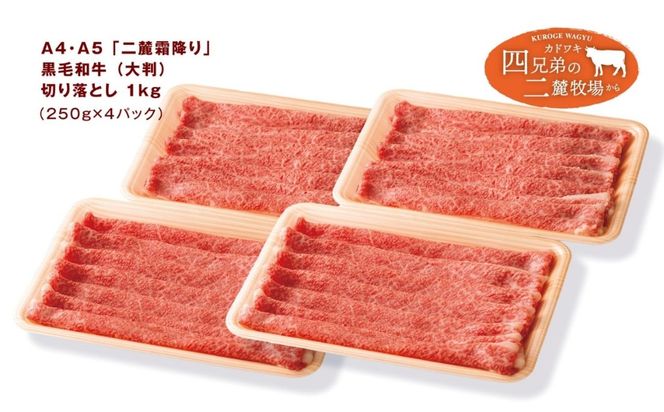 A4･A5「二麓（にろく）霜降り」黒毛和牛（大判）切り落とし 1kg（250g×4）ニセコ連峰と鈴鹿山脈、二つの麓（ふもと）で育てた脂の質にこだわった美味しい霜降りをリーズナブルに│牛肉 国産牛 ブランド牛 冷凍便 大容量 年末年始 お正月 焼肉 しゃぶしゃぶ すき焼き 三重県 四日市市 ふるさと納税