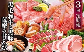 定期便(3回配送)黒毛和牛・黒豚&薩摩の甘エビ　DD5-0002 【1573827】