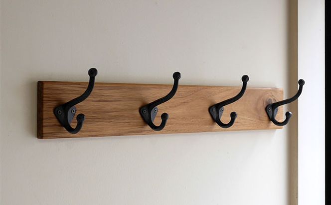 無垢チーク材＆4連大きなアイアンダブルフックのウォールコートハンガー 70cm （ウォールフック，帽子掛け，コート掛け，玄関，家具） 雑貨 日用品 インテリア ウォールハンガ 天然無垢木材 