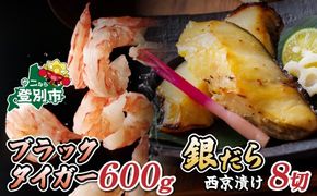 【時期が選べる】豪華海鮮セット ブラックタイガーむきえび 600g ＆ 銀だら西京漬け 8切 [ 西京漬け 銀だら ブラックタイガー むきえび えび 海老  銀鱈 ぎんだら 西京焼き 厚切り 訳あり 冷凍 個包装 下処理済み 大容量 ebi 登別市 ]