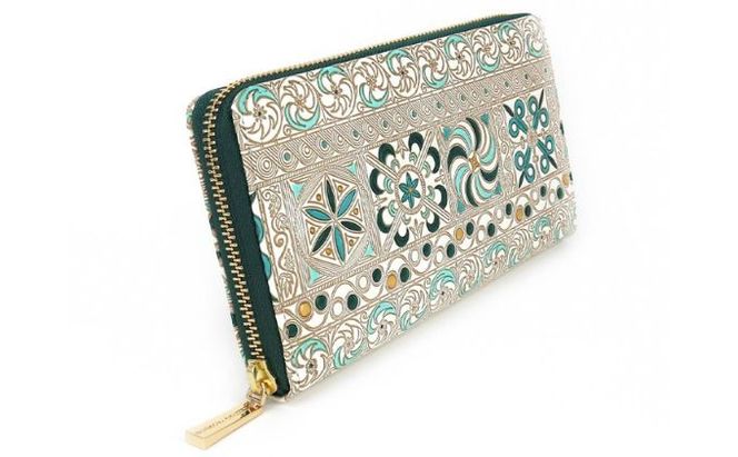 【文庫屋大関】 大容量　ぐるっとファスナーの長財布　錦紗＜緑＞【皮革工芸品】 ファッション小物 民芸品 