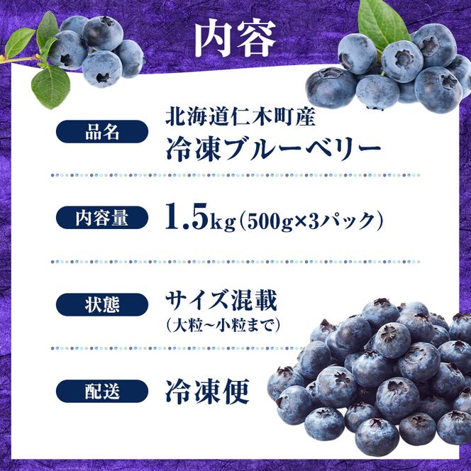 先行予約【朝採り】当日冷凍「北海道ニキブルーベリー」1.5kg（500g×3）サイズ混載 果物 くだもの 冷凍 フルーツ ブルーベリー 北海道 仁木［ぜにたに農園］