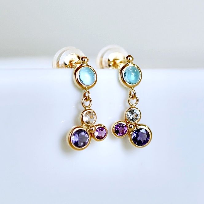 K10YG(10金) イエローゴールド ブルー系天然石 マルチカラー ピアス 揺れる 保証書付 2125 242-052-b