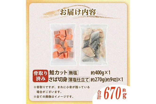 骨取り さば切身と鮭カットのセット(合計670g) 鮭 小分け 冷凍 サーモン シャケ サケ サバ 鯖 骨なし 骨取り セット 魚 魚介 【AW-102】【丸正水産】