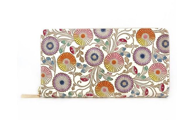 【文庫屋大関】 大容量　ぐるっとファスナーの長財布　更紗菊【皮革工芸品】 ファッション小物 民芸品 