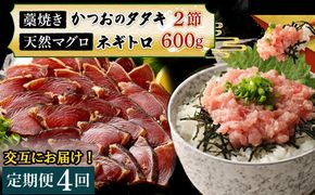 【交互定期便 / ４ヶ月連続】 土佐流藁焼きかつおのたたき２節と高豊丸ネギトロ６００ｇ 魚介類 海産物 カツオ 鰹 わら焼き 高知 コロナ 緊急支援品 海鮮 冷凍 家庭用 訳あり 不揃い 規格外 連続 ４回 小分け 個包装 まぐろ マグロ 鮪 交互 藁 藁焼き かつお 室戸のたたき　tk056