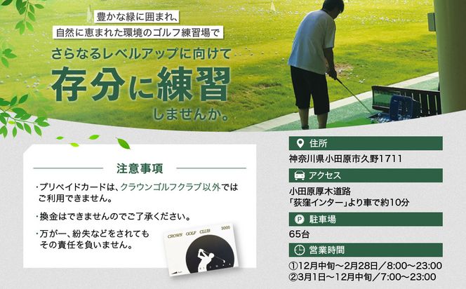 クラウンゴルフクラブ　ゴルフ練習場利用プリペイドカード【ゴルフ練習場  プリペイドカード 1枚3,000円分  神奈川県 小田原市 】 142069_DT001