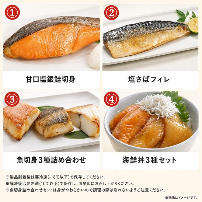 〈毎月定期便〉海鮮セットA(銀鮭切身・サバフィレ・3種切身・海鮮漬)全4回