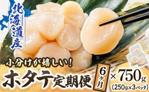【定期便 6ヶ月連続】北海道産 ホタテ貝柱 約250g×3パック 合計750g | 帆立 ホタテ ほたて 貝柱 冷凍 刺身 刺し身 小分け ホタテ貝柱 刺身 冷凍 セット 産地直送 定期便 魚介類 海鮮 絶品 人気 ヒロセ 北海道 釧路町 釧路超 特産品　121-1262-141-042