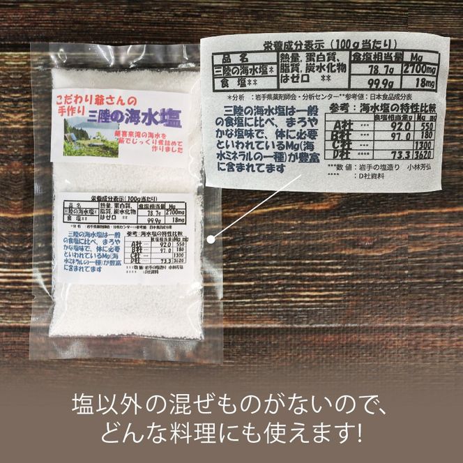 こだわり爺さんの手作り 三陸の海水塩 (瓶塩:50g×2瓶 袋塩:80g×2袋 原塩:250g×2袋) 計760g 塩 調味料 seasoning salt 料理 お手軽 味変 海水 ミネラル 焼肉 おにぎり しお お刺身 ステーキ 国産 岩手県 三陸 大船渡 [hyakusyougoya004]