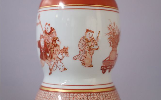 福島武山 赤絵唐子遊文九谷焼飾瓶 a05 民芸品 工芸品 