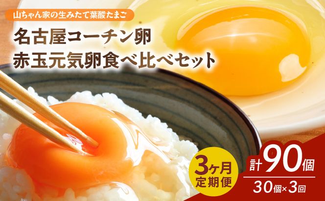 【3ヶ月定期便】【山ちゃん家の生みたて葉酸たまご】名古屋コーチン卵・赤玉元気卵 食べ比べセット（各15個 合計30個入り）［132Y09-T］3ヶ月定期便 山ちゃん家 生みたて 葉酸たまご 名古屋コーチン卵 赤玉元気卵 食べ比べ セット 各 15個 合計 30個 入り 地鶏 卵 朝食 卵焼き 目玉焼き オムライス ゆでたまご 山田養鶏 お取り寄せ 愛知県 小牧市 送料無料