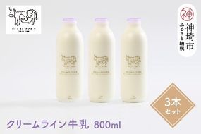 『ミルン牧場のクリームライン牛乳』800ml×3本【牛乳 牧場 ノンホモ 低温殺菌 セット】(H102127)