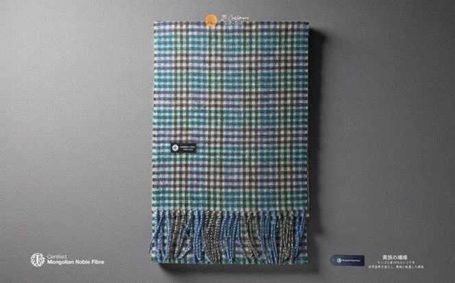 G3562 『Noble Fibre』100％カシミヤ・マフラー グリーン＆チェック フリンジ付き【高級 カシミア おしゃれ ファッション 防寒 かしみあ】