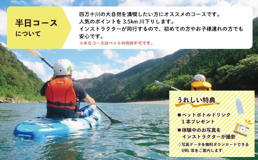 24-464．【体験チケット】四万十川で思いっきり遊ぶ♪3.5km川下り付きカヌー体験・半日コース【AM／PM】（小学4年生～6年生まで1名様・約2時間半～3時間）