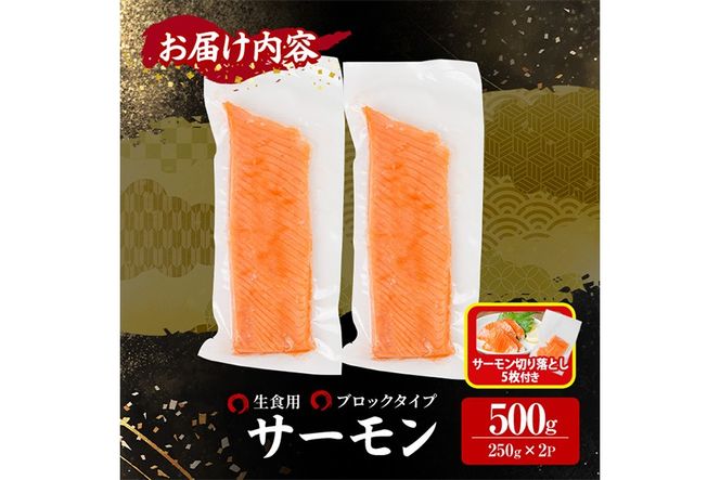 生活応援 サーモン切り落とし5枚付き！生食用 サーモン ブロック(計500g・250g×2P) 鮭 小分け 真空 パック 冷凍 刺身 シャケ サケ 魚 魚介 【AW-98】【丸正水産】