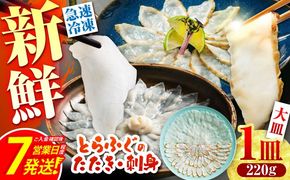 【新鮮！贅沢おつまみ】トラフグのたたき ＆ ふぐ 刺身（大皿/220g）×1枚 / ポン酢 もみじおろし セット 冷凍 ふぐ 河豚 藁焼き / 南島原市 / 株式会社 FUKUNOTANE[SFJ030]