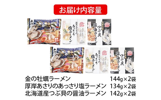 貝3種 ラーメン セット 各2袋 麺 インスタント つぶ 牡蠣 あさり