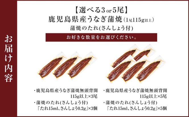 ＜選べる3or5尾＞鹿児島県産うなぎ蒲焼（1尾115g以上）　K379-001_SKU