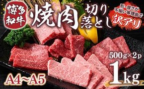 訳あり 【A4～A5】博多和牛 焼肉 切り落とし 肩ロース バラ 500g 2p 計1kg [MEAT PLUS 福岡県 宇美町 um40azp010030] 牛肉 肉 和牛 肩肉 バラ肉 焼き肉