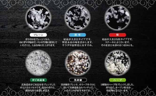 北海道 噴火湾 窯焚自然塩 カムイ・ミンタルの塩 6種 ギフト セット プレーン 淡雪 粒 がごめ昆布 黒胡椒 ハーブ スタンド 瓶 自然塩 塩 ソルト おにぎり 東洋炉材 送料無料 食卓 味付け 