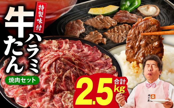 099Z447 【定期便】牛タン＆牛ハラミ 総量 2.5kg 焼肉セット【成型牛たん ハラミ 牛肉 焼肉用 薄切り 訳あり サイズ不揃い 2026年2月＆5月発送 全2回】