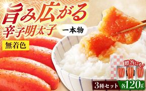 【博多辛子明太子の島本】希少国産卵・無着色辛子明太子一本物120ｇ×3種 ≪築上町≫【株式会社島本食品】めんたいこ たらこ 明太子 国内産 無着色 1本物[ABCR014]