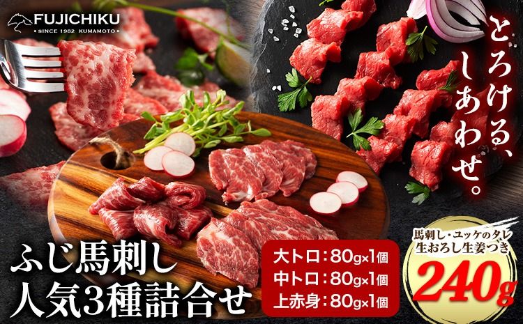 馬肉 ふじ 馬刺し 人気3種詰合せ 約 240g 道の駅竜北[60日以内に出荷予定(土日祝除く)] 熊本県 氷川町 肉 馬肉 中トロ 大トロ 上赤身 ふじ馬刺し セット 食べ比べ---sh_fyenk3syu_24_60d_30500_240g---