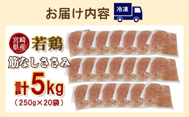 宮崎県産 若鶏筋なしささみ 5kgセット (250g×20袋) 鶏肉 ささみ 鶏ささみ 小分け 真空パック タンパク質 チキン冷凍 国産 宮崎県産 九州 送料無料