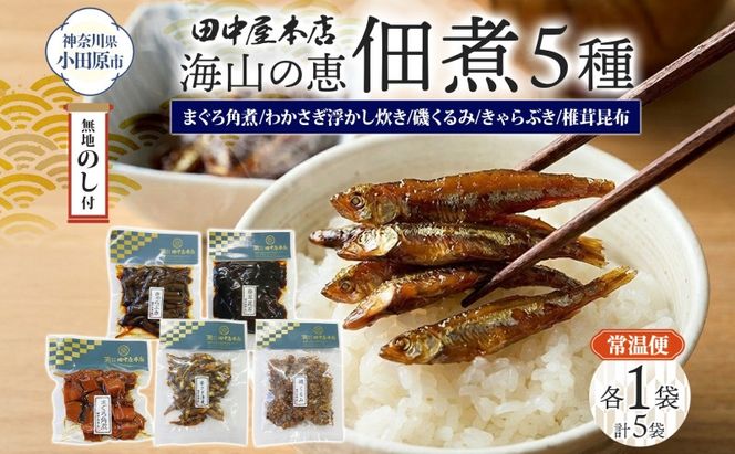 無地熨斗 海山の恵 つくだ煮5種セット まぐろ わかさぎ きゃらぶき 椎茸昆布 磯くるみ 各1袋 田中屋本店佃煮 わかめ ご飯のお供 おにぎり お茶漬け 惣菜 おかず 和食 トッピング 老舗 ギフト 贈り物 朝食 弁当 おつまみ 小田原市 神奈川県 142069_JM009