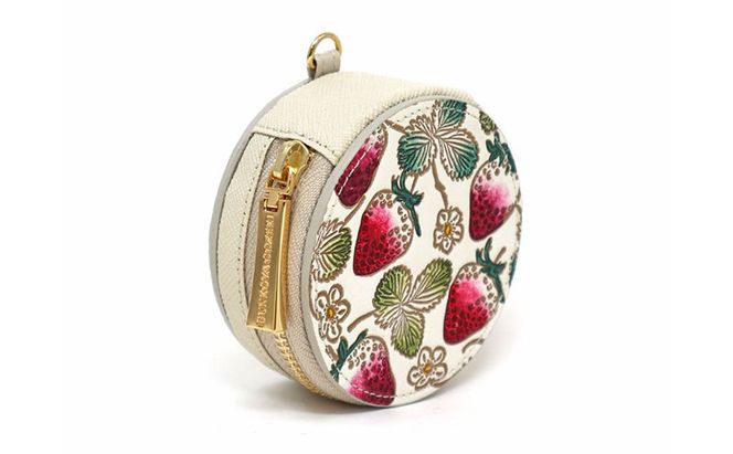 【文庫屋大関】マカロンポーチ いちご【皮革工芸品】 ポーチ ミニポーチ 小物入れ アクセサリー入れ イヤホン入れ 収納 保管ケース 手のひらサイズ  本革 革 皮革 工芸品 工芸 雑貨 ギフト プレゼント 日本製 東京