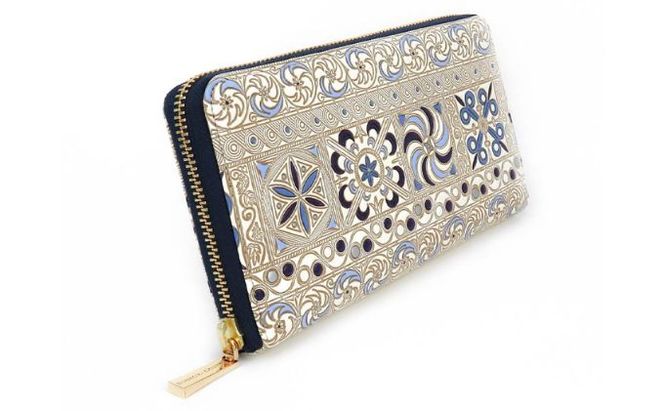 【文庫屋大関】 大容量　ぐるっとファスナーの長財布　錦紗＜紫＞【皮革工芸品】 ファッション小物 民芸品 