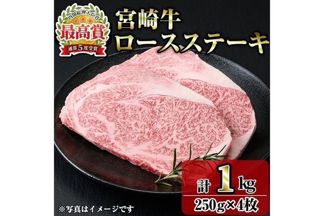 宮崎牛ロースステーキ(計1kg・250g×4) お肉 牛肉 黒毛和牛 ブランド和牛 冷凍 国産 焼肉 BBQ 【R-89】【ミヤチク】