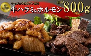 焼肉 ヤマジュウの特選タレ漬け！牛ハラミ肉＆国産牛ホルモン計８００ｇ【３回定期便】_yj086