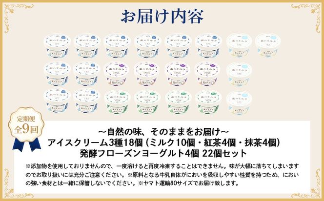 【定期便：全9回】北海道 アイスクリーム3種×18個（ミルク・紅茶・抹茶）とフローズンヨーグルト×4個セット【1115902】