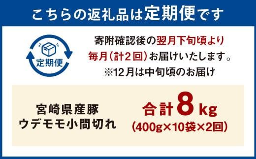 【2ヶ月定期便】＜宮崎県産豚 ウデモモ 小間切れ 400g×10袋（10袋×2回）＞ お申込みの翌月下旬頃に第一回目発送（12月は中旬頃）【c1377_mc_x1】 豚肉 お肉 肉