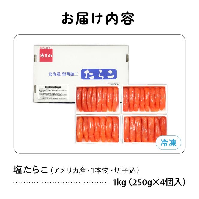 【6か月定期便】低温熟成塩たらこ 1本物・切子込　250ｇ×4セット 全6回 R001-066