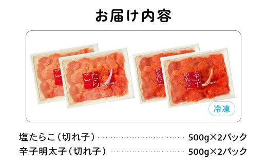 訳あり 塩たらこ･辛子明太子（500g×各2パック） 切子セット　バラ子 切れ子 たらこ 明太子