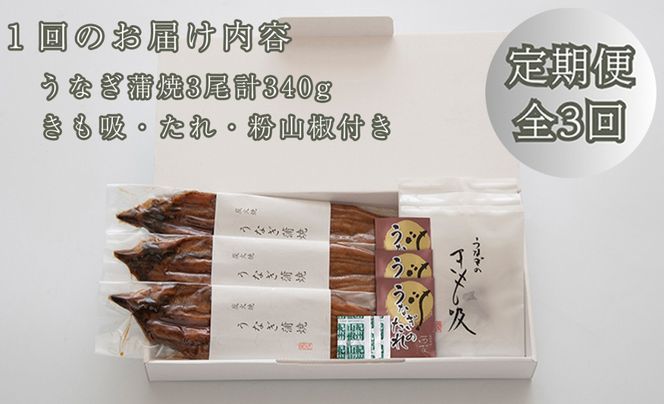 定期便3回【B-829】近江今津 西友 うなぎ炭火焼蒲焼 3尾／計約340ｇ・きも吸詰合せ B［高島屋選定品］