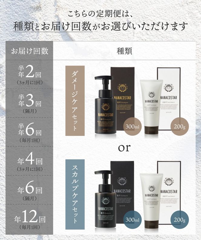 【 定期便 】選べる種類とお届け回数 「ベストシャンプー10傑」に選ばれたヘアケアセット 【 ダメージケア / スカルプケア】  シャンプー トリートメント セット サロン専売 ナナコスター 山梨 富士吉田 