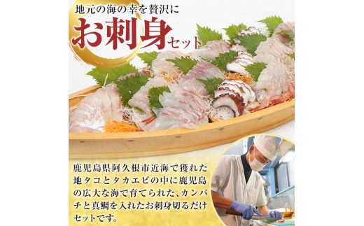 鹿児島県産！お刺身切るだけセット(6人～8人前)国産 刺し身盛 鹿児島産 魚貝 魚介 海産物 刺身 蛸 たこ 海老 エビ かんぱち タイ 簡単調理 おつまみ セット 小分け 個包装【さるがく水産】akn028-17