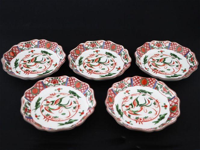 九谷焼　4.2号皿揃　赤絵鳳凰 （5枚セット）a01 食器 キッチン雑貨 キッチンアイテム 雑貨 小物 お皿 丸皿 食卓 テーブルコーディネート 華やか 