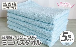 knt0068 普段使いにぴったりのミニバスタオル 5枚【アクアブルー 泉州タオル 高品質 綿100％ 日本製 国産 単色 シンプル】