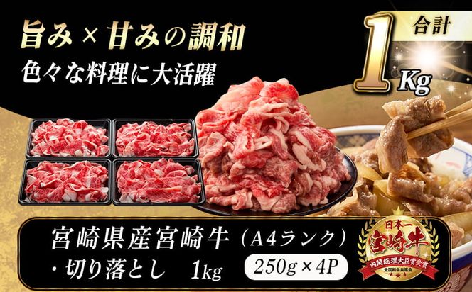 宮崎牛切り落とし1kg_MJ-8908_(都城市) 宮崎県産 宮崎牛 牛肉 A4ランク 切り落とし 切落し 250g × 4パック 小分け  1kg 牛丼 炒め物 便利