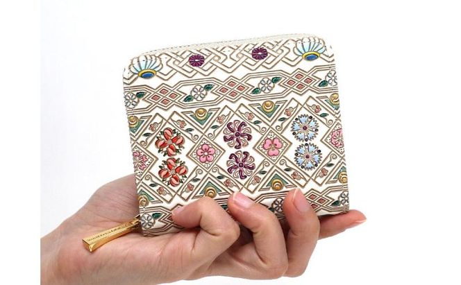 【文庫屋大関】二つ折りファスナーミニ財布 花菱【皮革工芸品】財布 二つ折り 小物 お札 カード 小銭 コンパクト 牛革 手作り 日本製 墨田区 東京都