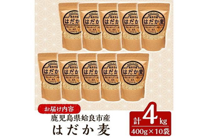 a713 数量限定！姶良市産はだか麦(計4kg・400g×10個)【竹之内穀類産業】