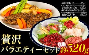 贅沢バラエティセット 520g 千興ファーム 馬肉 冷凍 《60日以内に出荷予定(土日祝除く)》 新鮮 さばきたて 生食用 肉 熊本県御船町 馬刺し 馬肉 惣菜 希少部位---mifune_snk_30_520g---