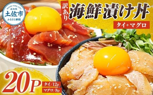 訳あり海鮮漬け丼（タイ12P・マグロ8P）セット 漬け丼 漬け 鯛 鮪 マグロ 赤身 食べ比べ 海鮮 魚 冷凍 食品 保存食 小分け 高知 土佐 海鮮丼 漬け丼 ぶっかけ お茶漬け 鯛めし 【企業組合　宇佐もん工房】 [BQAB031]